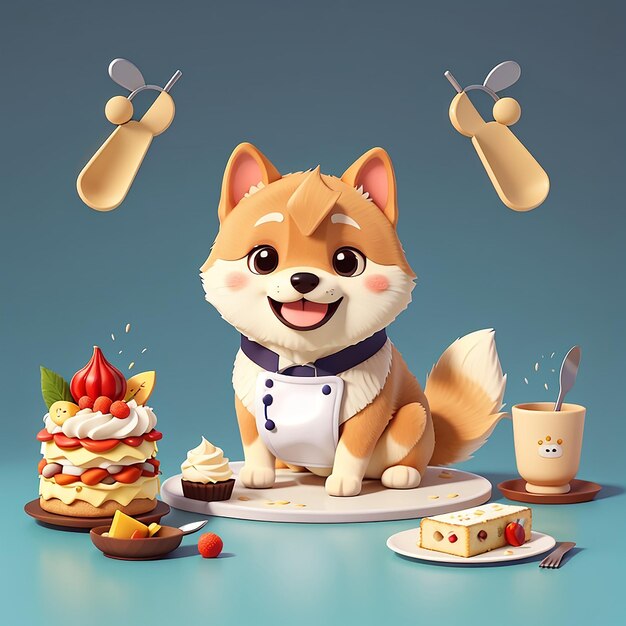 Cute shiba inu cão chef cozinhando bolo desenho animado ícone vetorial ilustração ícone de comida animal isolado