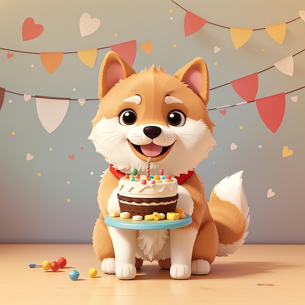 Cute shiba inu cão segurando bolo de aniversário desenho animado ícone vetorial ilustração alimento animal isolado plano