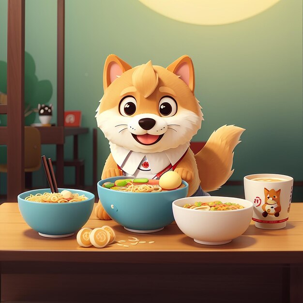 Cute Shiba Inu Comendo Ramen Noodle Cartoon Icon Vector Ilustração Animal Food Icon Conceito Isolado Premium Vector Flat Cartoon Estilo