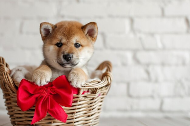 Cute Shiba Inu Welpe mit roter Schleife im Korb, rustikaler Ziegelsteinmauer auf dem Hintergrund