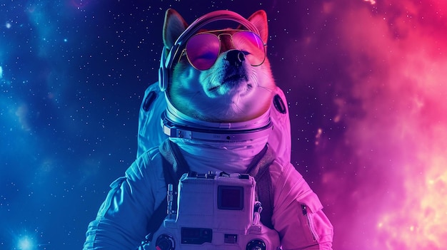 Cute space shiba inu cão vestido com traje de astronauta óculos de sol em Magical Galaxy Star AI Generative