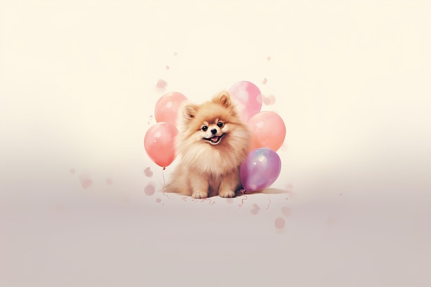 Cute spitz sentado com balões em fundo bege ilustração de aquarela de cartão postal