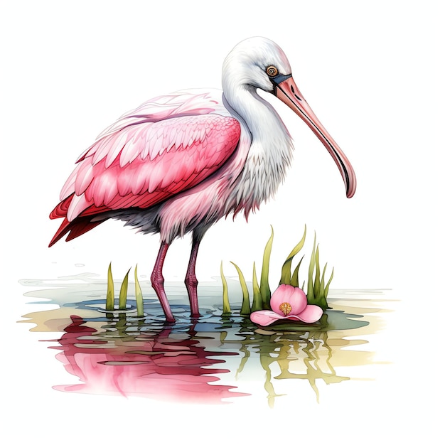 Cute Spoonbill Wading in flachem Wasser Vogel Aquarell Illustration Clipart