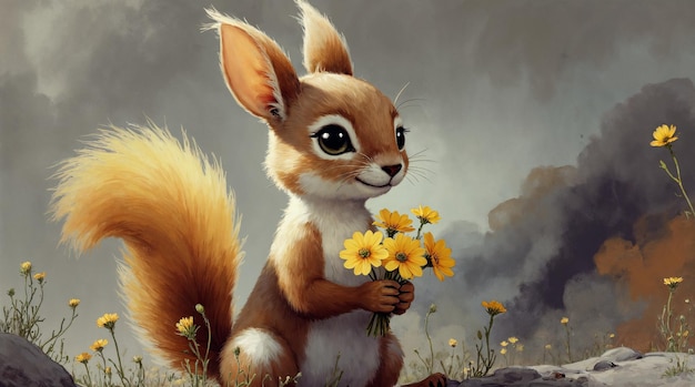 Cute Squirrel Holding Flowers in a Field
