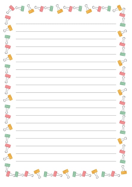 Cute stationery with binder clip border and lined paper for notes