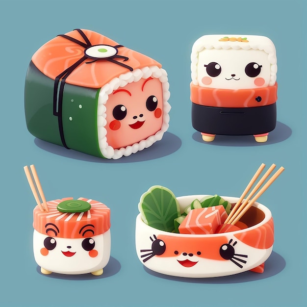 Foto cute sushi salmon cartoon vector icon ilustração alimentação personagem icon conceito isolado premium vector flat cartoon estilo