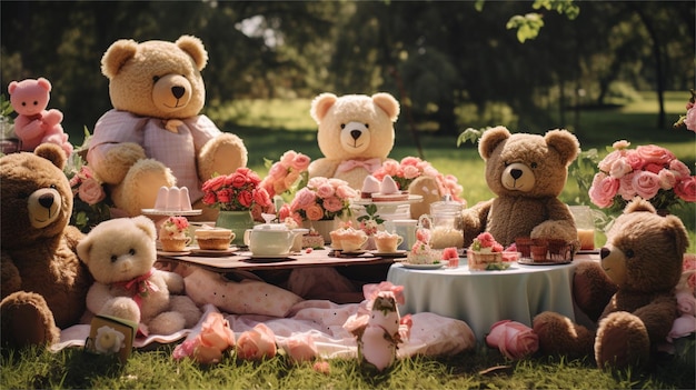 Foto cute teddy bears sitting at the table in the park