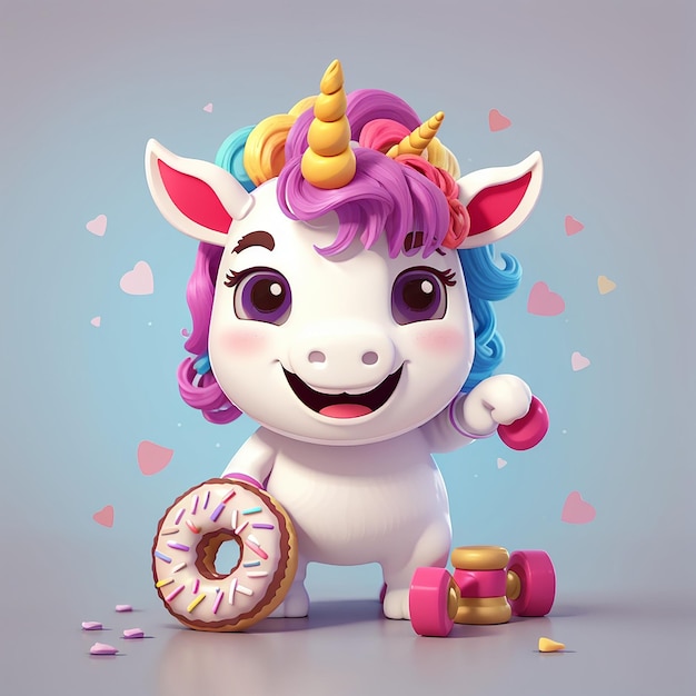 Cute Unicorn Lifting Donut Dumbbell Cartoon Vector Icon Ilustração Animal Sport Icon Conceito Isolado Premium Vector Flat Cartoon Estilo