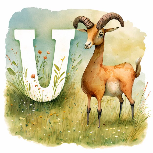 Cute Urial e Letra U Explorando a Natureza e Aprendendo o Alfabeto ilustração de aquarela crianças ABC