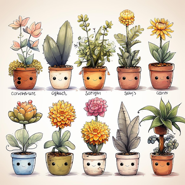 Cute vaso de flores Kawai estilo aquarela clipart para crianças