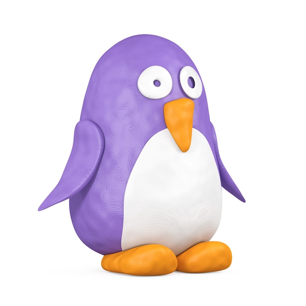 Cute Violet and White Toy Cartoon plasticine ou Clay Penguin em um fundo branco. Renderização 3D