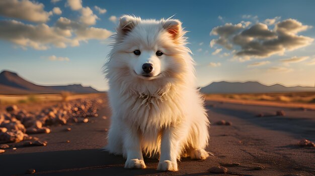 Cute weißer Hund mit schönem Himmelhintergrund Generative KI