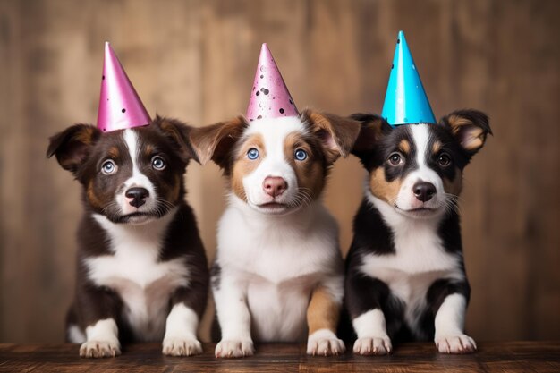 Foto cute welpen feiern neben geburtstagskuchen welpen geburtstagskarten hunde tragen party-kegel