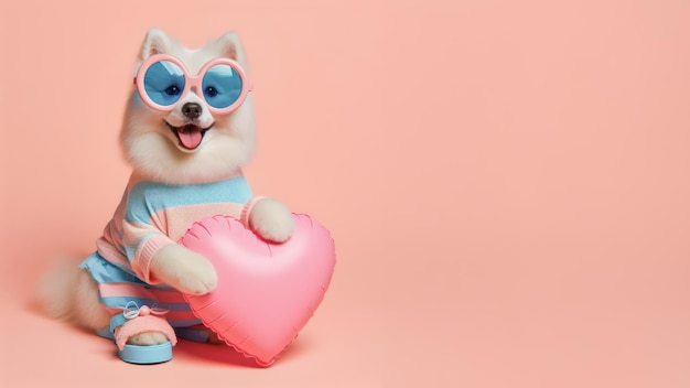 Cute Welpen Hund hält Herz Ballon auf isolierten Hintergrund Valentinstag Konzept