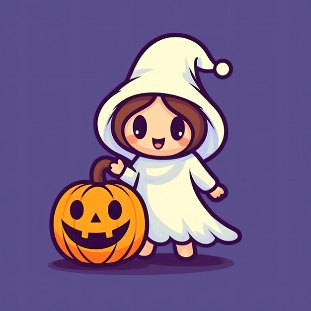 Foto cute witch ghost holding pumpkin halloween cartoon icon vector ilustración de vacaciones icon de halloween c