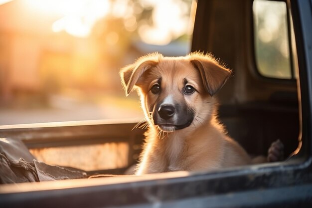 Cute yard dog mutt olha para fora de um velho carro enferrujado abandonado nos raios do sol nascente