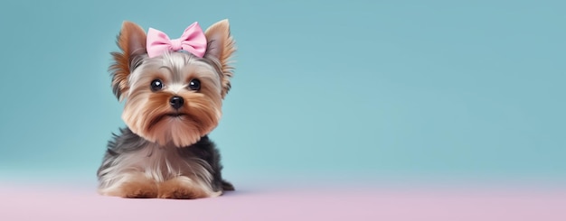 Cute Yorkshire Terrier mit rosa Schleife bereit für Geburtstagsfeier Copy Space