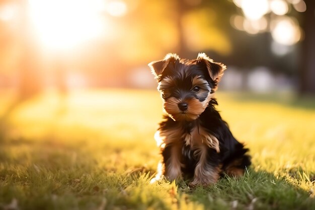 Cute Yorkshire Terrier spielen im Freien und kopieren Raum