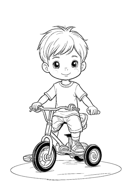 Foto cuteza incolora niño joven en triciclo en lineart generado por ia