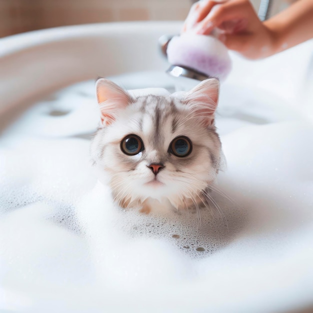 Cutie cat en la bañera llena de jabón ai generativo