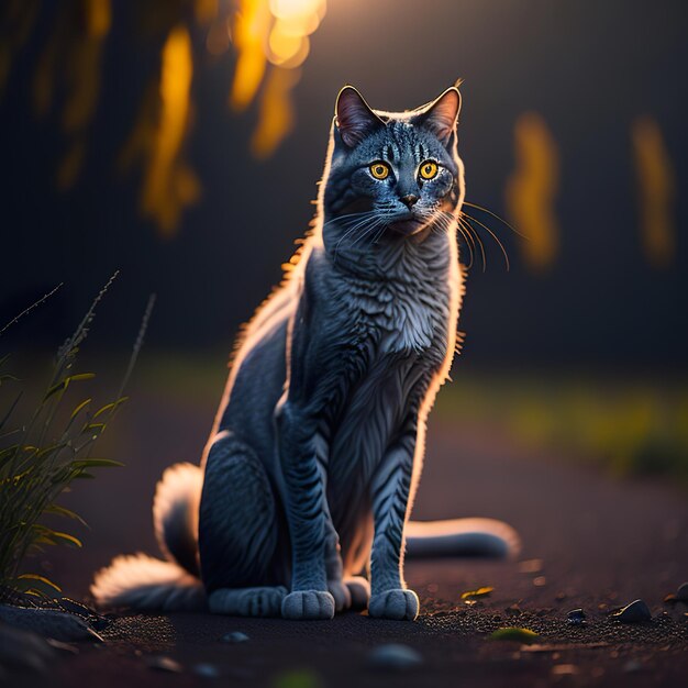 Cutie cat posando en el bosque al atardecer