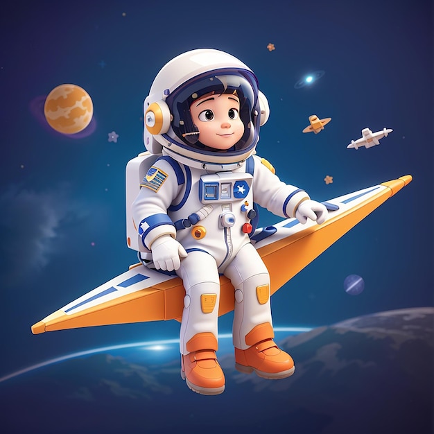 Cutio astronauta montando un avión de papel icono de dibujos animados vectorial ilustración icono espacial concepto aislado estilo de dibuyos animados plano vectorial premium