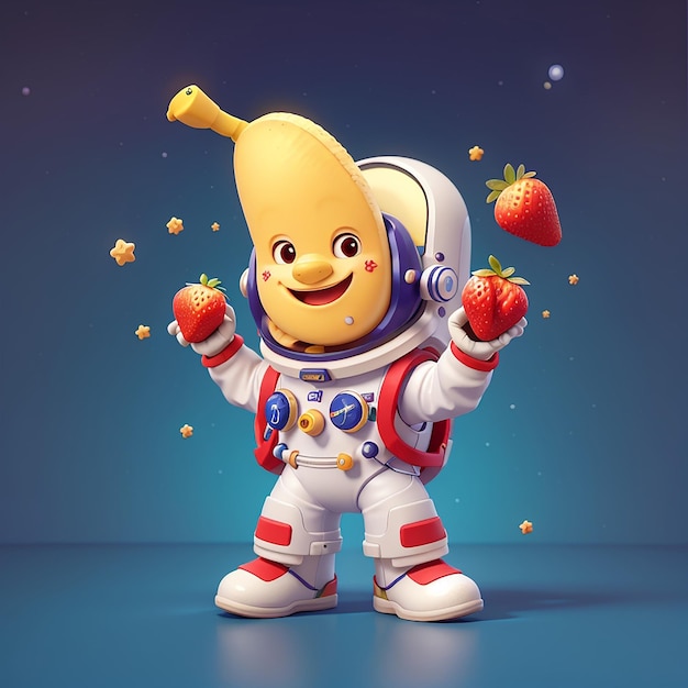 Cutio astronauta sosteniendo plátano y fresa icono de dibujos animados vectorial ilustración ciencia icono de comida concepto aislado estilo de dibujus animados plano vectorial premium