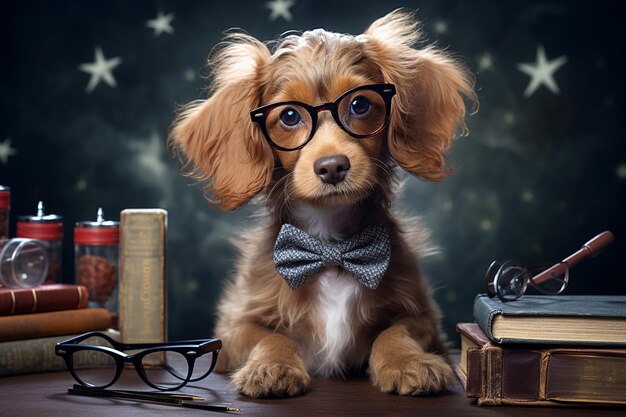 Cutivo cachorro con gafas y pajarita sentado en los libros contra la pizarra