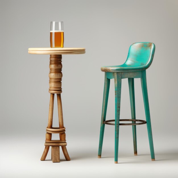Cyan y Amber taburete de madera y mesa de vidrio para escenas animadas de taberna