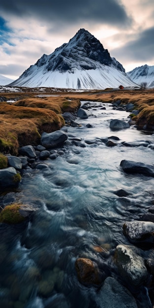 Cyan und Amber Ein rustikaler isländischer Fluss mit einem majestätischen Berg