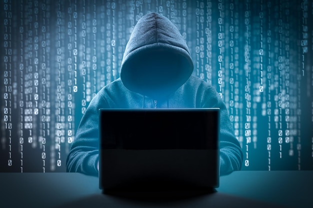 Cyber Attack System Breaking und Malware Anonymer Computerhacker ohne Gesicht mit Kapuze Hacking- und Malware-Konzept Gesichtsloser Mann in Hoodie mit Laptop im Dunkeln