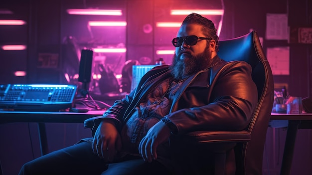 Cyber CEO Cyberpunk estético plussize masculino gerente neonlit escritório futurista Sony A1 24mm f