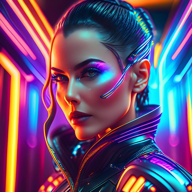 Cyber-Frauenporträt, futuristischer Neon-Stil, KI-generativ