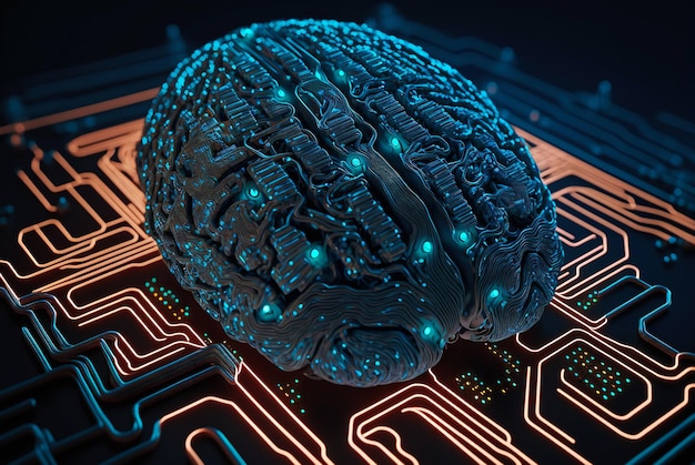 Cyber-Gehirn der künstlichen Intelligenz Drähte und an Schaltkreise angeschlossenes futuristisches Leben Generative KI