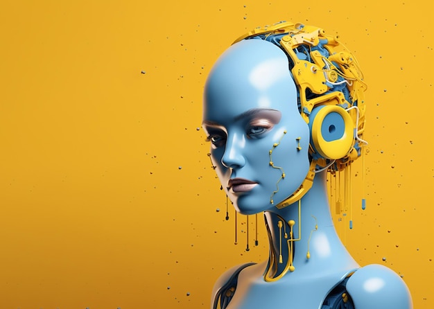 Cyber girl robot en auriculares en una ilustración de fondo amarillo