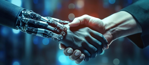 Cyber-Kommunikation und Roboterkonzepte Roboter und technischer Mensch halten Hand mit Handschlag und Grafik als Hintergrund