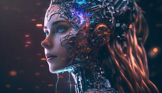 Cyber-Mädchen aus nächster Nähe Closeup-Mädchen mit Cyber- und futuristischer generativer KI