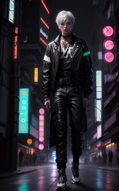 Foto cyber-mann futuristischer cyberpunk-hintergrund cyber-anime hübscher junge