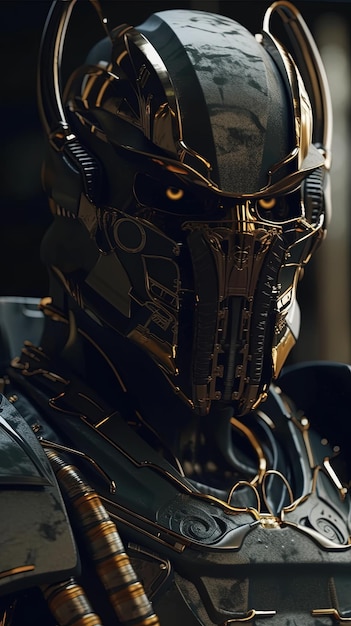 Cyber-Mann mit Helm und Rüstung, futuristischer Robotersamurai mit gelben Augen