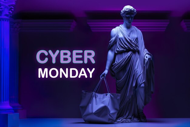 Cyber Monday Concepto de arte moderno Estatua de yeso Dios griego con paquete de compras