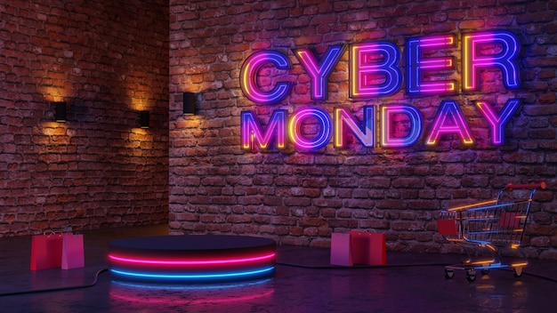 Cyber-Montag Neonlicht-Glühpodium auf Backsteinmauerhintergrund. 3D-Rendering