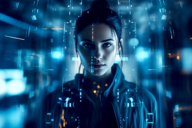 Foto cyber mujer concepto de ia holograma de datos de software y mujer con análisis de código tecnología de la información