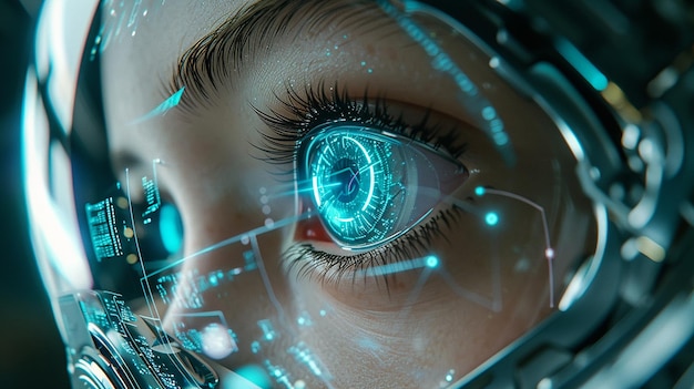 Cyber Muse Robô Feminina com Reflexão Holográfica da Íris