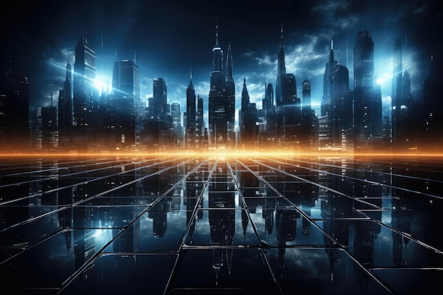 Cyber noche oscura paisaje de la ciudad luz de fondo brillando en escena oscura por IA generativa