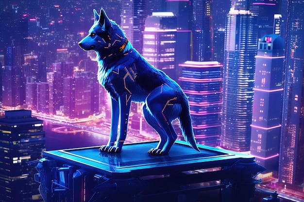 Cyber-Punk-Science-Fiction-Tier auf dem Dach eines Wolkenkratzers. Rebellische Kreatur in einer futuristischen, neonbeleuchteten Stadt