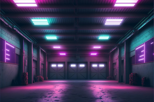 Foto cyber retro sci fi futurista neon brilhante roxo azul brilhante luzes de teto barn warehouse metal c