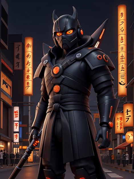 cyber samurai preto corpo inteiro olhos laranja luz fotorrealista fundo escuro