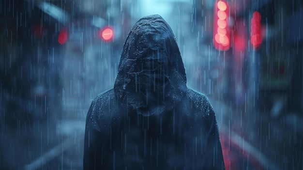 Cyber shadow hacker em capuz face uma matriz de códigos abstrato azul fundo digital essência de ameaça cibernética AI gerador