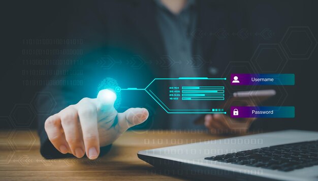 Cyber-Sicherheits-Passwort-Anmeldung Online-Konzept Fingerabdruck-Benutzer Eingabe und Eingabe von Benutzernamen und Passwort von sozialen Medien Anmeldung bei einem Online-Bankkonto Datenschutz Hacker Cyberspace Privatsphäre