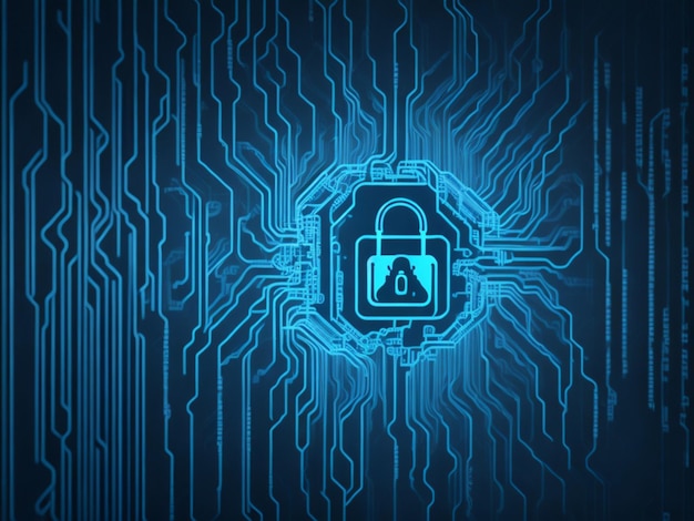 Cyber-Sicherheitskonzept mit Platine und Vorhängeschloss auf blauem Hintergrund